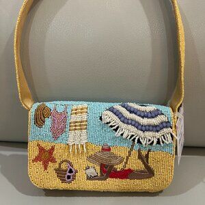 Handcrafted in India Beach Scene Fringed Umbrella Sunbather Girl Towel Ocean NWT